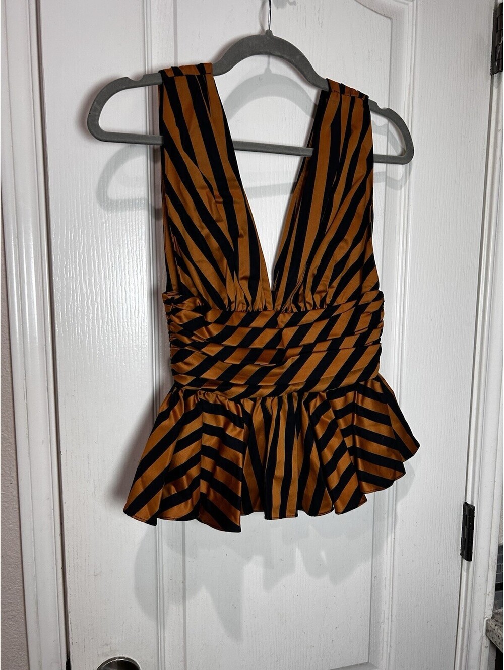 Caroline Constas Paros Double Plunge Peplum Top Bronze / Orange & Black Stripe S